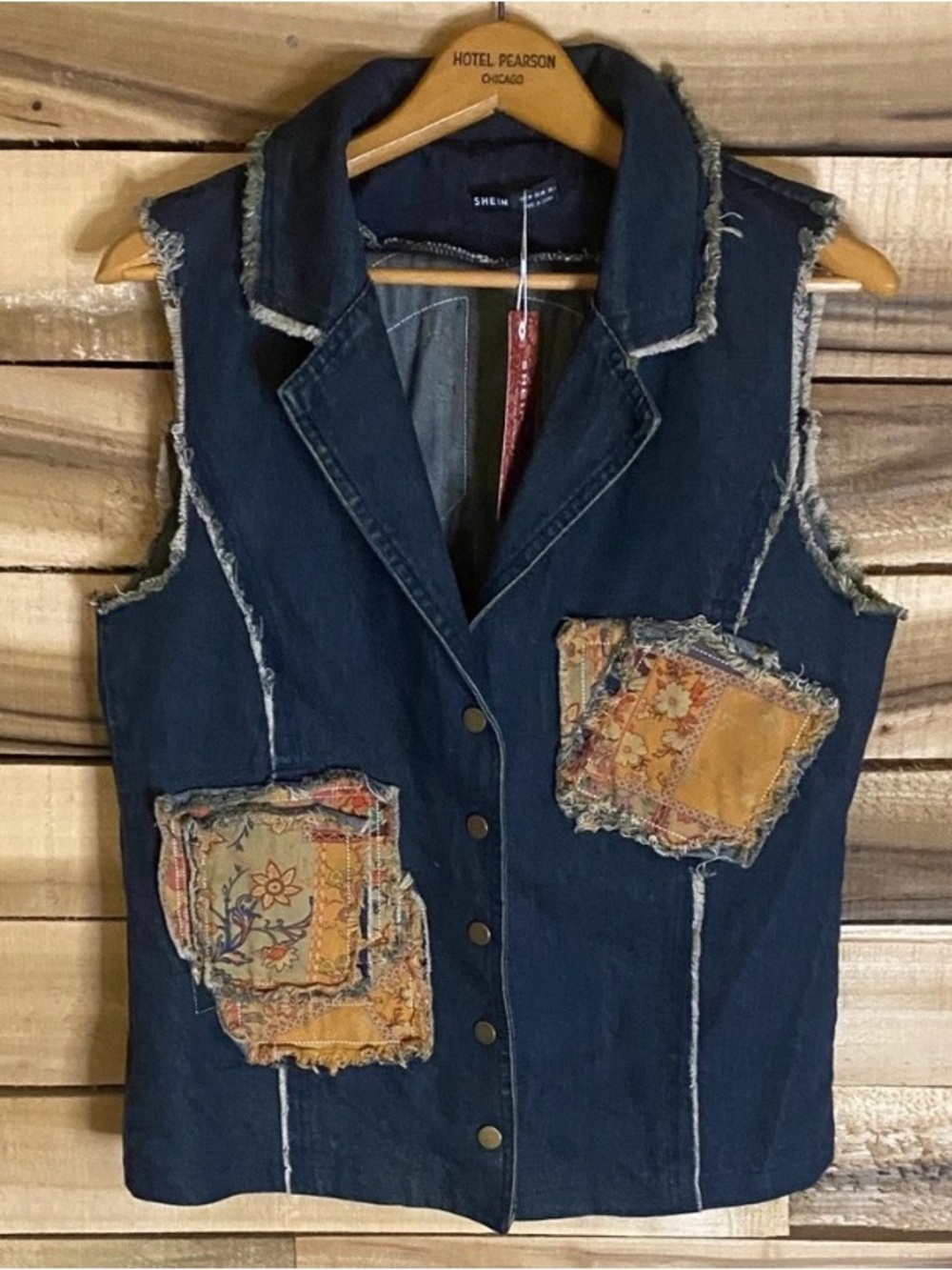 NWT SHEIN Blue Denim vest with peace symbol size medium raw edge snap up
